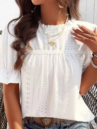 Women's Elegant Ruffle Detail Blouse Short Sleeve Round Neck Top