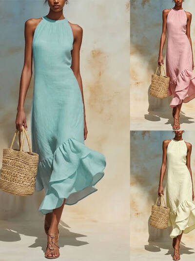 Irregular Ruffled Fishtail Hem Sleeveless Dress