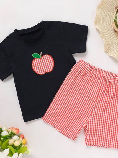 Toddler Baby Boy Back To School Outfit Summer Applique T-Shirt & Red Gingham Shorts Set