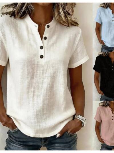 Summer New Breathable V-Neck Short-Sleeve Womens Loose All-Match Top