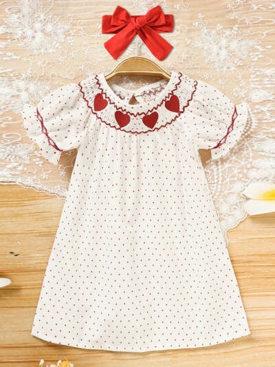 Toddler Girl's Ruffle Sleeve Dress, Heart Embroidery & Polka Dot A-Line Dress With Back Button
