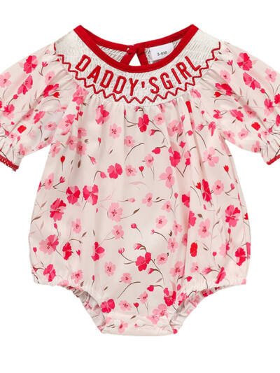 Infant Girls' Floral Smocked Romper 'DADDY'S Girl' Embroidery Short Sleeve Crew Neck Adorable Princess Party Bodysuit