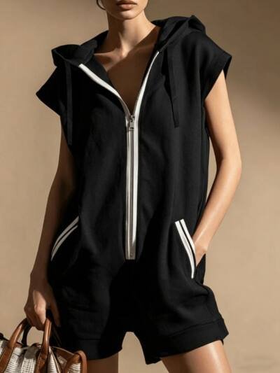 Hooded Sleeveless Half Zip Stripe Pocket Casual Romper