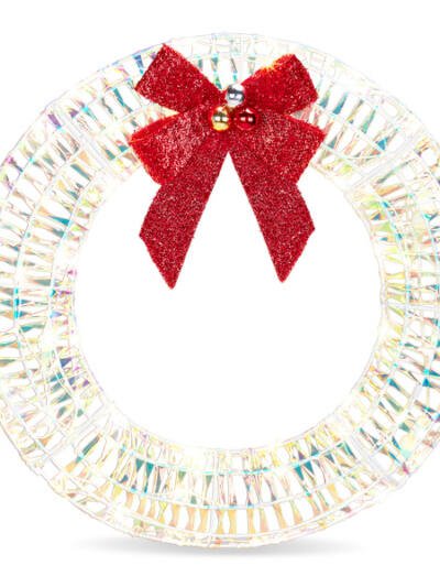24in Pre-lit Iridescent Outdoor Christmas Wreath Decoration, Lighted Metal Wreath With Red Bow, Warm White LED Lights, For Front Door Gate Wall Indoor Outdoor Holiday Party