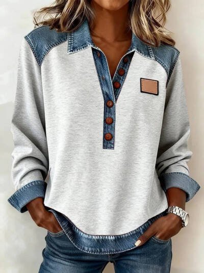 Denim Patchwork Collar Button-down Casual Long-sleeved Top