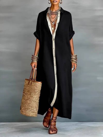 Womens Contrast-Colored Cotton-Linen Shirt Dress