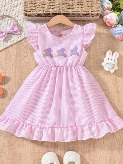 Toddler Girl's Bunny Embroidered Dress, Round Neck Short Sleeve A-Line Dress With Back Button Closure