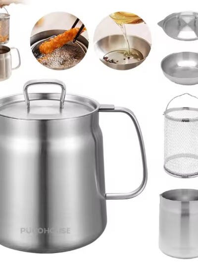 2L Stainless Steel Oil Filter Pot, With Fine Mesh Filter, Oil Storage Tank, Frying Basket