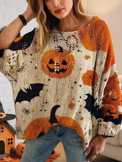 Women's Diamond Hollow Out Batwing Sleeve Top - Loose Fit Pumpkin Halloween Print Blouse For Spring Summer