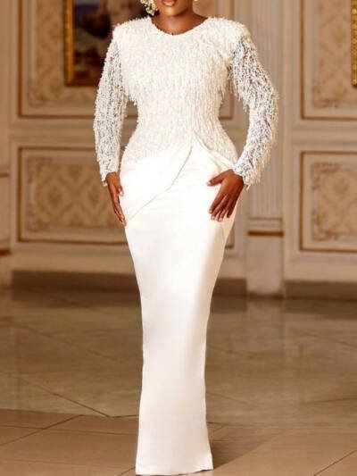 Elegant Lace Tassel Waist-controlled Long Sleeves Mop Dress