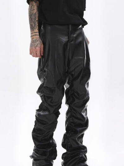Black Pleated Casual Leather Pants