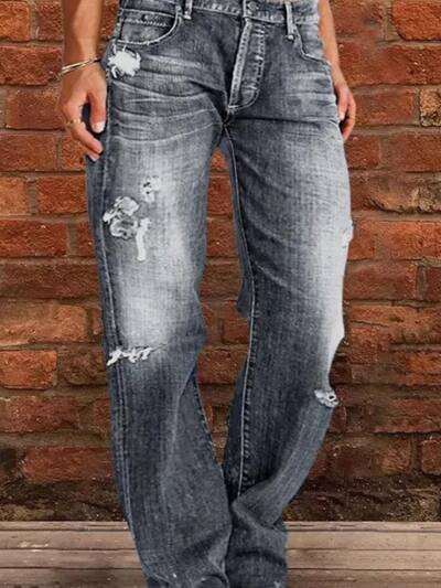 Women Men Denim Pants Casual Ripped Loose Straight Leg Jeans Trousers