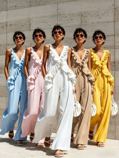Sleeveless V-neck Solid-color Jumpsuit In A Casual Resort Style