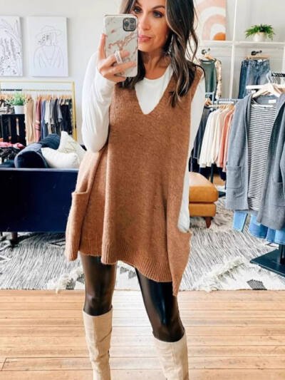 Women's Woolen Vest Skirt Casual Pocket