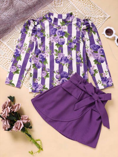 Toddler Girl Purple Rose Print Girls Outfit, Spring Fall Stripe Top With Belt Skirts Set Holiday Going Out Clothes
