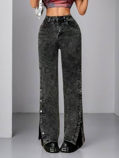 High Waisted Slightly Flared Jeans With Side Buckles, Classic Graphite Color, Comfortable Fit, Essential For Going Out.