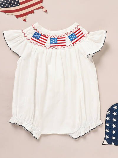 Baby Girl 4th Of July Bubble Romper, Smocked Fly Sleeve Bodysuit With American Flag Embroidery
