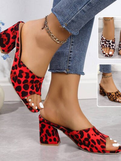 Leopard Square Toe Sandals Summer High-heeled Slippers Chunky Heel