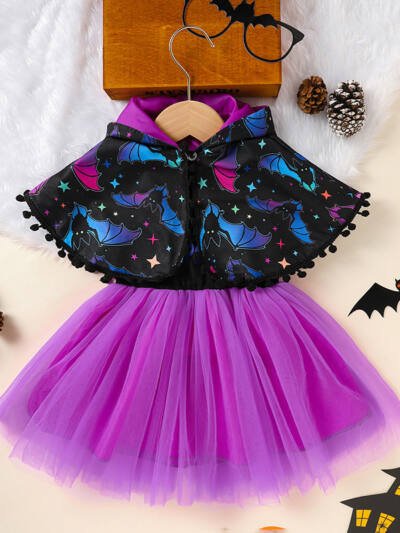 Little Girls 2Pcs Halloween Outfits Sleeveless Tulle Dress With