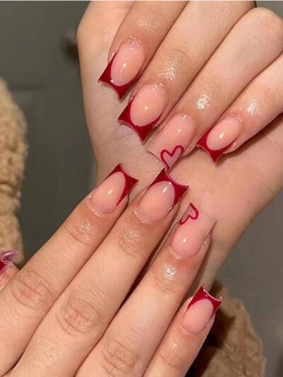 Wine Red Heart French Tip Press-On Nails, 24 Pieces