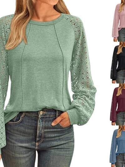 Women's Lace Patchwork Round Neck Pleated Long Sleeve Top