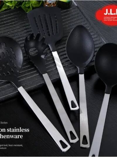 Cooking Utensil Set Premium 5 Piece Kitchen Utensil Set - Stainless Steel Handle And Nylon Faucet, Non-Stick, Heat Resistant, For Home, Kitchen Gift