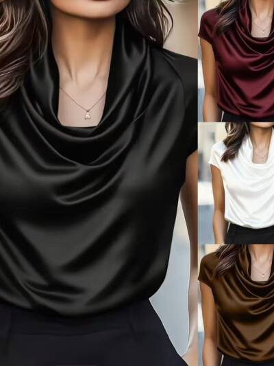 Womens Solid-color Boat-neck Drapey Short-sleeve Top
