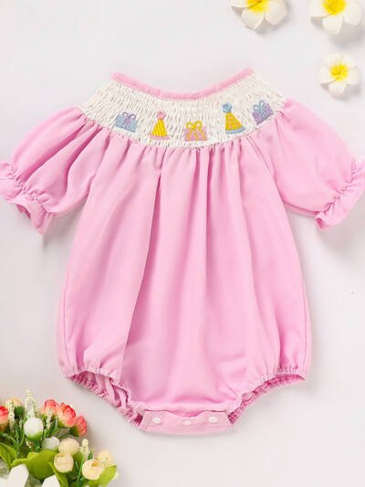 Infant Girls' Cute Birthday Smocked Bubble Romper Short Sleeves Crew Neck Cartoon Embroidery Princess Party Romper Bodysuit