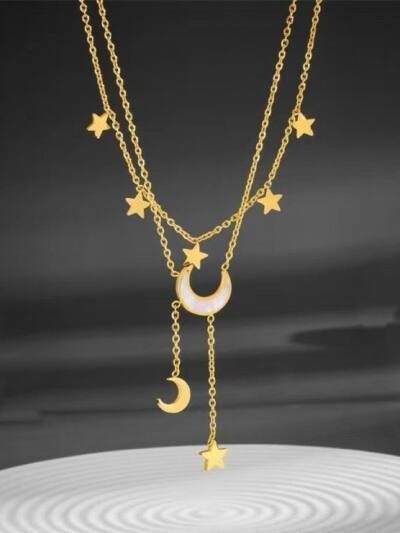 Moon And Stars Necklace Gold Layered Chain Astrology Jewelry
