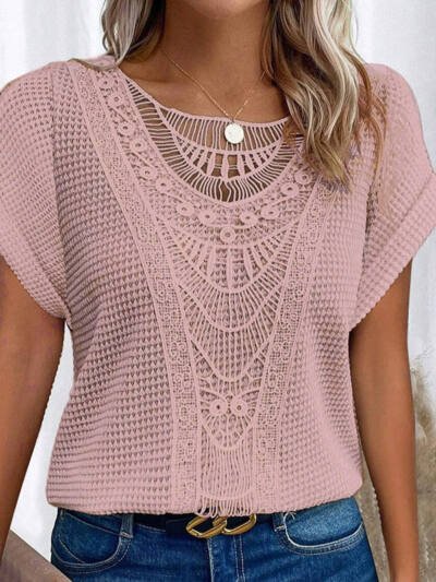 Women's Lace Splicing Short Sleeve Crew Neck T-Shirt Summer Loose Fit Casual Tee Top