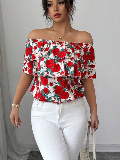 Off-shoulder Short-sleeved Shirt Double-layer Ruffled Women's Clothing