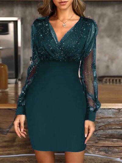 Mesh V-neck Sequined Long Sleeve Dress Dress Women