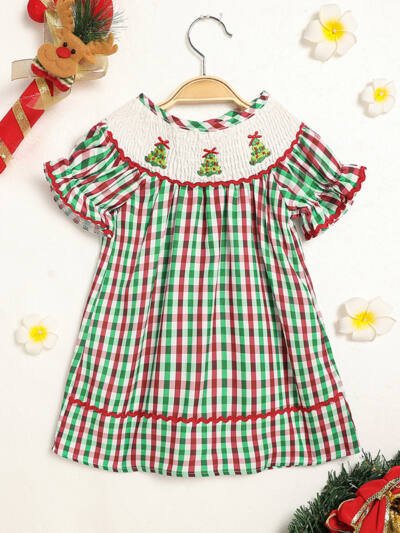 Toddler Infant Baby Girls Christmas Dress Short Sleeve Christmas Tree Embroidered Plaid Casual Party Dresses