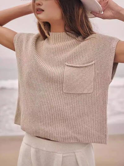 Women's Knitted Sleeveless Pocket Casual Rib Pullover Vest