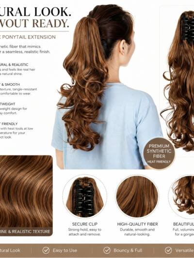 Clip-in Ponytail Hair Extension 22 Inches Wavy CurlySynthetic Wig For Women High-Quality Hairpiece Easy-to-Wear Lightweight