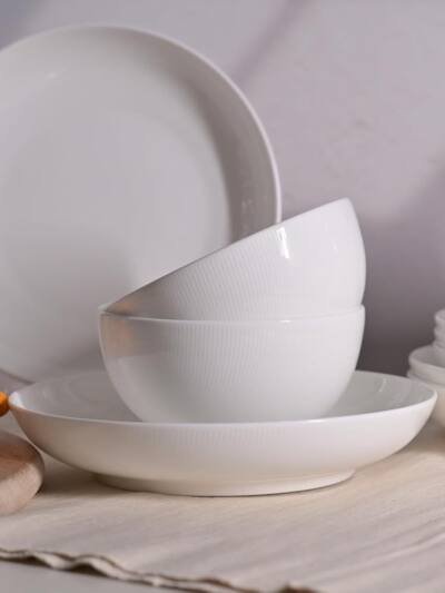Setaria Bone China Dinnerware Set, 12 Pieces, Service For 4, Plates, Dishes, Bowls Set, Microwave And Dishwasher Safe, Ivory White With Narrow Curve Stripe