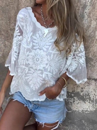 Elegant Off-Shoulder Hollow-Out Three-Quarter Sleeve Top For Women