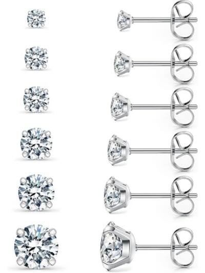 6 Pairs Stud Earrings Set, Hypoallergenic 316L Stainless Steel CZ Stud Earrings, Cubic Zirconia Earrings 3-8mm, Steel Color