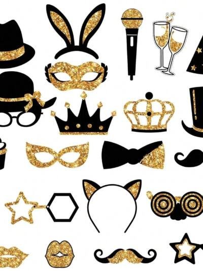 24 Pieces Party Photo Booth Props For Birthday Weddings Graduation Prom Party Supplies Mix Of Hats, Lipstick, Tie, Crowns Golden,Christmas