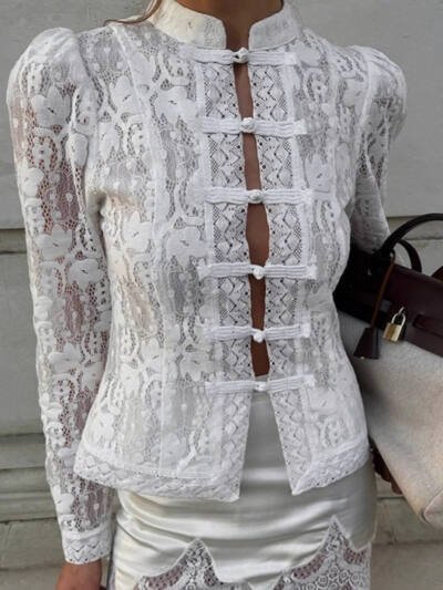 Niche Buckle Lace Jacquard Knitted Shirt For Women White Stand Collar