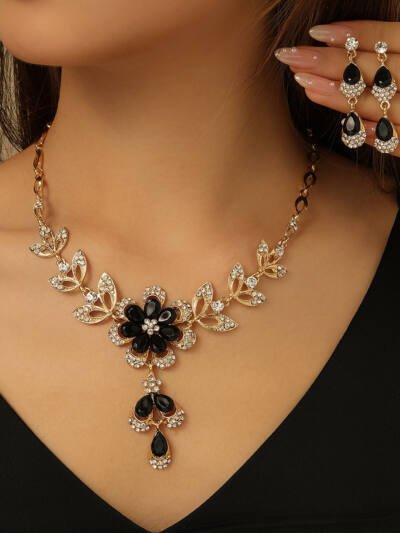 Vintage Alloy Diamond Multi-color Flower Resin Necklace Earrings