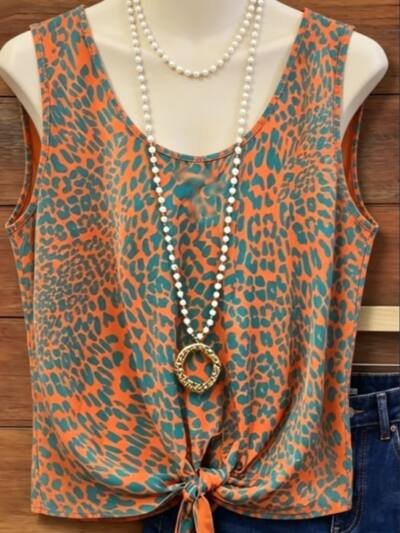 Orange & Teal Leopard Print Sleeveless Knotted Tank Top