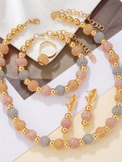 5Pcs Fashionable Metallic Beaded Necklaces Two Color Gold Bead Earrings Bracelets Suitable For Daily Wear Holiday Jewelry Gifts
