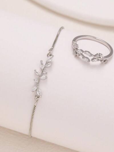 2pcs Fashion Silver Horse Eye Crystal Zircon Leaf Bracelet And Ring,Pulling Bracelet Suitable For Women's Daily Holiday Outfits