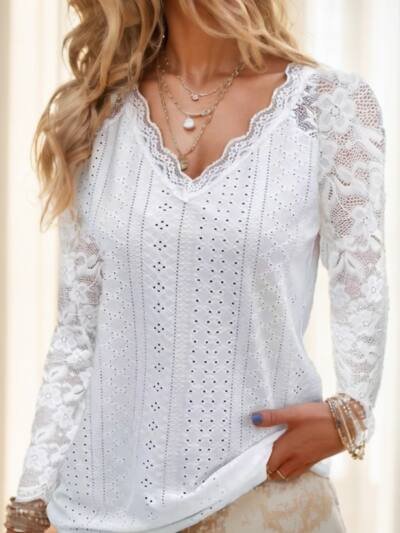 Contrast Lace V-neck Eyelet T-Shirt