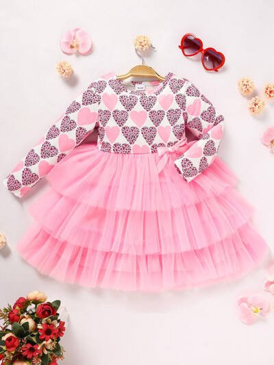 Toddler Girl Heart Print Tulle Party Dress