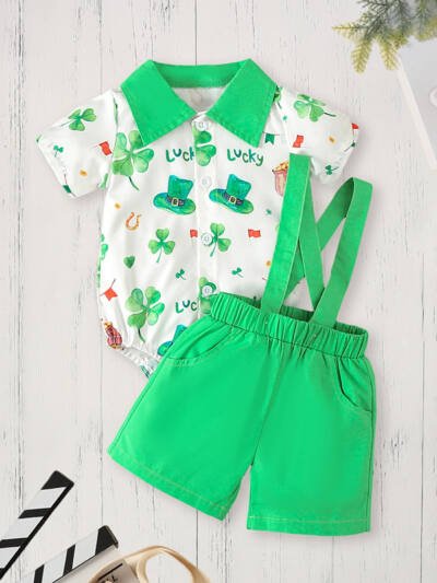 Newborn Baby Boy St. Patrick's Day Clothes Short Sleeve Clover Print Romper & Suspenders Pant 2Pcs Casual Clothes Set