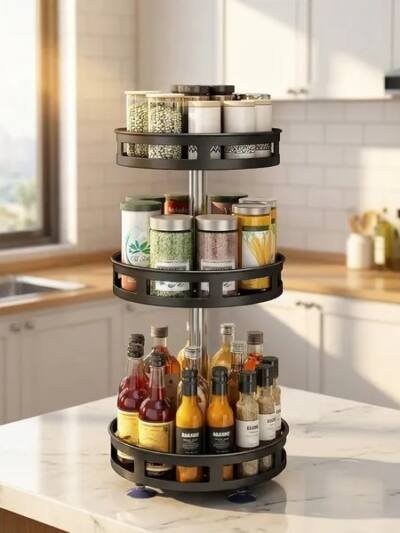 3-Tier Rotating Spice Rack Organizer – Carbon Steel 360° Metal Turntable, Multifunctional Kitchen Seasoning & Condiment Storage Rack, Space-Saving Countertop Spice Jar Organizer