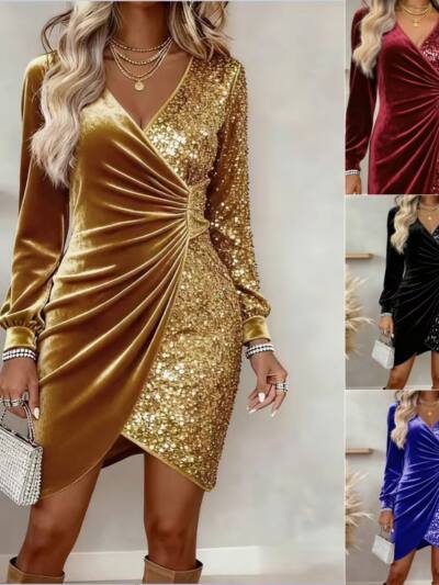 Elegant Sequins Design Long Sleeve Party Dress Women Sexy V Neck Bodycon Dresses For Women Evening Dress Christmas Clothes