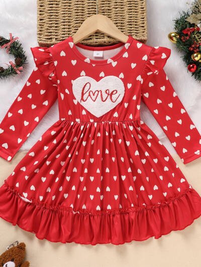 Toddler Girl's Cute 'LOVE' Embroidered Dress, Heart Print Long Sleeve A-Line Dress With Ruffle Hem